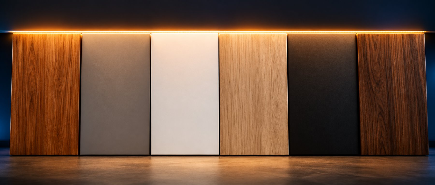 Seis amostras de MDF iluminadas por fita de LED: freijó imperial, cinza sagrado, branco fosco, carvalho claro, preto fosco e nogueira