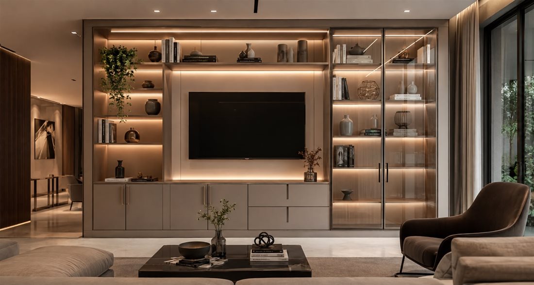 Sala de estar planejada com painel de TV, estante iluminada e cristaleira de vidro